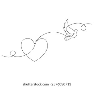 One continuous line drawing of heart with bird. Symbol of Valentine day and romantic moment. Bird love in simple linear style. Editable stroke. Doodle line illustration