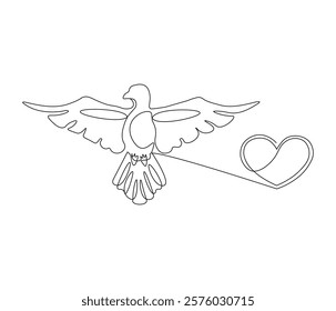 One continuous line drawing of heart with bird. Symbol of Valentine day and romantic moment. Bird love in simple linear style. Editable stroke. Doodle line illustration