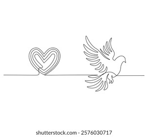 One continuous line drawing of heart with bird. Symbol of Valentine day and romantic moment. Bird love in simple linear style. Editable stroke. Doodle line illustration