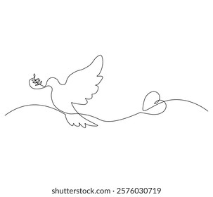 One continuous line drawing of heart with bird. Symbol of Valentine day and romantic moment. Bird love in simple linear style. Editable stroke. Doodle line illustration