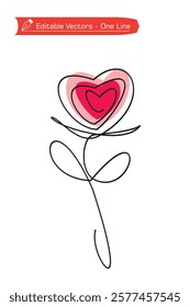 One continuous line drawing of heart flowers with leaves in doodle style on pink red background. Vector illustration of one line art drawing of heart flowers symbol of love, affection, hope and care.