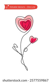 One continuous line drawing of a heart flower, leaves, balloons, candies in doodle style full color red pink. Vector illustration of simple line drawing of heart flower for decoration and celebration.