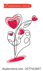 One continuous line drawing of heart flower tree, full color doodle style. Vector illustration of simple hand drawn line drawing of heart flower for decoration and celebration.