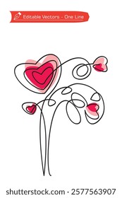 One continuous line drawing of a heart flower tree, full color doodle style. Simple line vector illustration of a hand drawn heart flower as an expression of creative freedom.