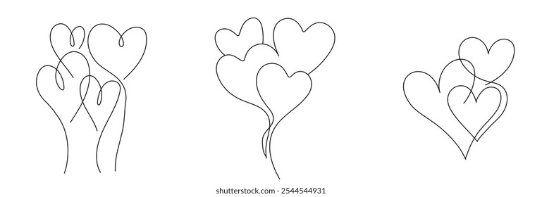 One Continuous line drawing of  hearts with love signs. Thin curls and romantic symbols in simple linear style.