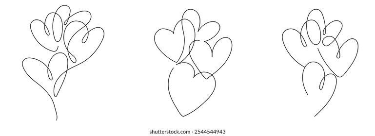 One Continuous line drawing of  hearts with love signs. Thin curls and romantic symbols in simple linear style.