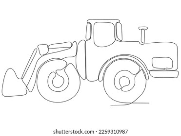 
One continuous line drawing of heavy equipment for building construction, business commercial vehicle. Heavy construction truck equipment concept. Dynamic single line draw design vector illustration