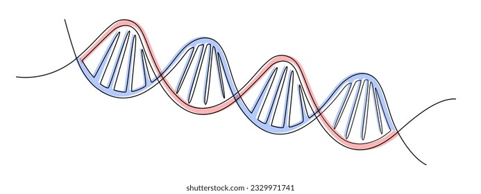 One continuous line drawing of helix DNA. Concept of medical and science biotechnology in simple linear style. Human genome structure in editable stroke. Doodle color vector illustration