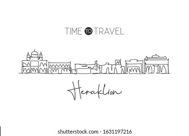 One continuous line drawing of Heraklion city skyline, Greece. Beautiful landmark postcard. World landscape tourism travel vacation. Editable stylish stroke single line draw design vector illustration