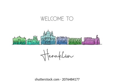 One continuous line drawing of Heraklion city skyline, Greece. Beautiful landmark postcard. World landscape tourism travel vacation. Editable stylish stroke single line draw design vector illustration