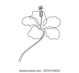 One continuous line drawing of hibiscus flower. Floral abstract symbol in simple linear style. Organic red herbal tea concept in editable stroke. Doodle plant vector illustration