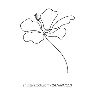 One continuous line drawing of hibiscus flower. Floral abstract symbol in simple linear style. Organic red herbal tea concept in editable stroke. Doodle outline vector illustration