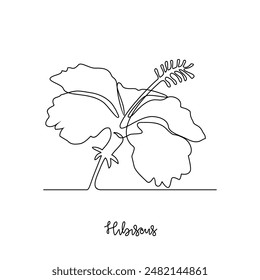 Eine durchgehende Linienzeichnung der Hibiskus-Vektorgrafik-Design-Illustration. Blumendesign-Design-Konzept mit einfacher linearer Vektorgrafik. Schönes nützliches Blumendesign für Hochzeit oder romantische Party.