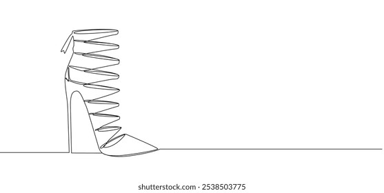 Un dibujo de línea continua de tacones altos. Zapatos de moda de mujer en estilo lineal simple. Baila y compra Anuncio en un trazo editable. Ilustración vectorial Doodle