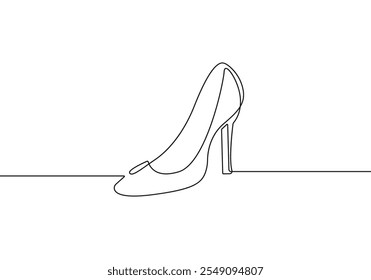 Eine durchgehende Linie Zeichnung von High Heel weiblichen Schuh. Modeschuh im einfachen linearen Stil. Elegance Style Minimalist Concept Black Sketch einzeln auf weißem Hintergrund. Vektorgrafik 