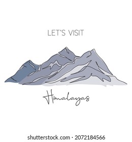 One continuous line drawing Himalaya Mount Everest landmark. World iconic place in Nepal Tibet. Holiday vacation wall decor art poster print concept. Modern single line draw design vector illustration