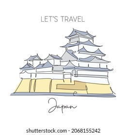One continuous line drawing Himeji Castle landmark. Old oriental ancient palace in Himeji, Japan. Holiday vacation wall decor poster print concept. Modern single line draw design vector illustration