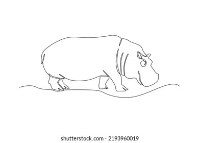 One continuous line drawing of a hippopotamus. Animal concept. Single line draw design vector graphic illustration.