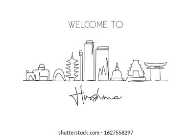 One continuous line drawing Hiroshima city skyline, Japan. Beautiful landmark. World landscape tourism travel vacation poster art. Editable stylish stroke single line draw design vector illustration