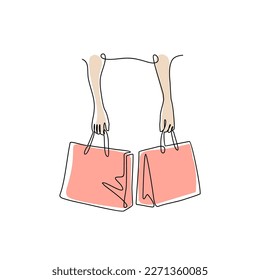 One continuous line drawing of holding shoping bag . Business design concept with simple linear style. Business symbol design concept.
