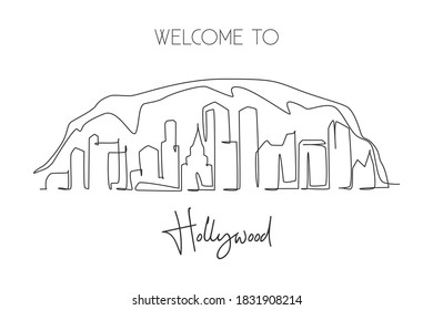 One continuous line drawing of Hollywood city skyline, Los Angeles. Beautiful landmark. World landscape tourism travel home wall decor poster print. Stylish single line draw design vector illustration