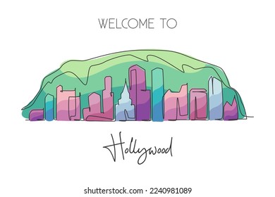 One continuous line drawing of Hollywood city skyline, Los Angeles. Beautiful landmark. World landscape tourism travel home wall decor poster print. Stylish single line draw design vector illustration