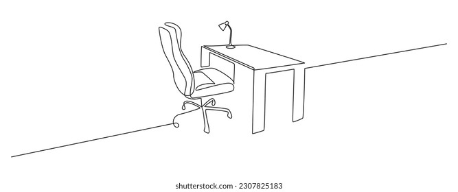 One continuous line drawing of home office interior. Modern work desk and chair with laptop in simple linear style. Remote distant work concept in editable stroke. Doodle vector illustration