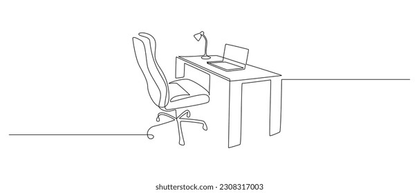 Un plano de línea continua del interior de la oficina. Moderno escritorio y silla con portátil de estilo lineal sencillo. Concepto de trabajo remoto distante en trazo editable. Ilustración del vector Doodle