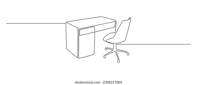 One continuous line drawing of home office interior. Modern work desk and chair in simple linear style. Remote distant work concept in editable stroke. Doodle vector illustration