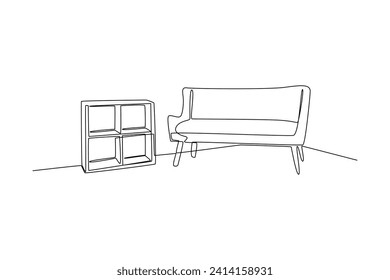 One continuous line drawing of Home interior design concept. Doodle vector illustration in simple linear style.