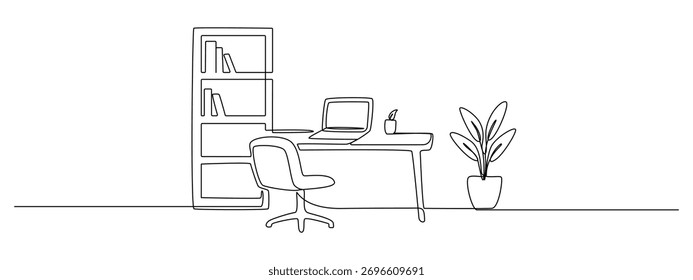 One continuous line drawing of home office interior. Modern work desk and chair with laptop and closet in linear style. Remote distant work concept in editable stroke. Outline vector illustration