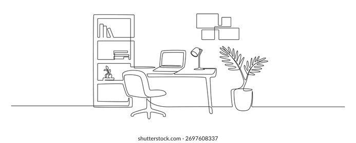 One continuous line drawing of home office interior. Modern work desk and chair with laptop and closet in simple linear style. Remote distant work concept in editable stroke. Vector illustration