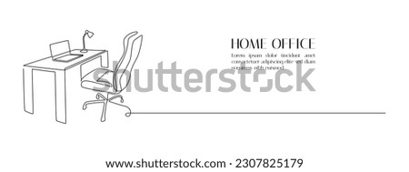 One continuous line drawing of home office interior. Modern work desk and chair with laptop and lamp in simple linear style. Remote distant work concept in editable stroke. Doodle vector illustration