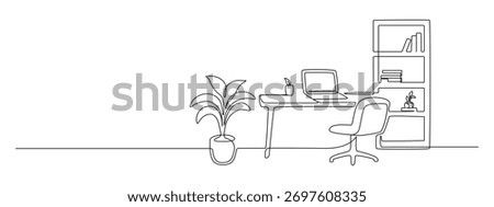 One continuous line drawing of home office interior. Modern work desk and chair with laptop and closet in linear style. Remote distant work concept in editable stroke. Doodle vector illustration