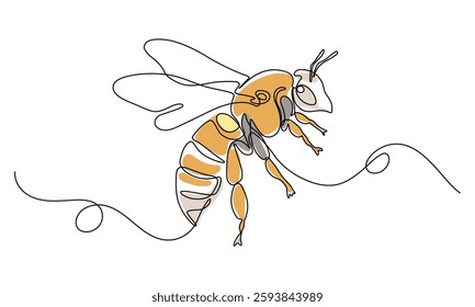 One continuous line drawing of honey bee. One line art. Simple linear style. Doodle vector illustration. Minimalist design. Isolated on a white background