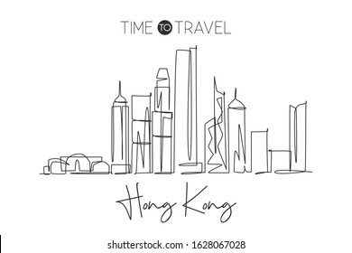 One continuous line drawing of Hong Kong city skyline, China. Beautiful landmark wall decor poster print. World landscape tourism travel vacation. Stylish single line draw design vector illustration