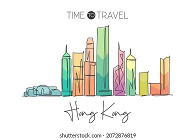 One continuous line drawing Hong Kong city skyline  China  Beautiful landmark wall decor poster print  World landscape tourism travel vacation  Stylish single line draw design vector illustration