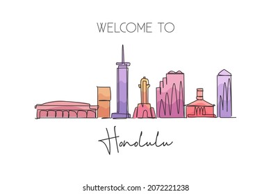 One continuous line drawing of Honolulu city skyline, Hawaii. Beautiful landmark. World landscape tourism travel home wall decor poster print art. Stylish single line draw design vector illustration