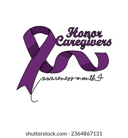 One continuous line drawing of honor cargivers awareness month with white background. Awareness ribbon design in simple linear style. healthcare and medical design concept vector illustration.