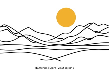 one continuous line drawing of horizon and sun view. isolated white background.