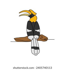 Un plano de línea continua de la ilustración del vector de la hornbill. Revolver los secretos de su dieta omnívora, que consiste en frutas, insectos, reptiles e incluso mamíferos pequeños. diseño de temas animales.