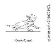 One continuous line drawing of horned lizard vector illustration. Type of Lizard animal themes design concept with simple linear style. Lizards are reptiles with scaly skin, four legs, and a tail.
