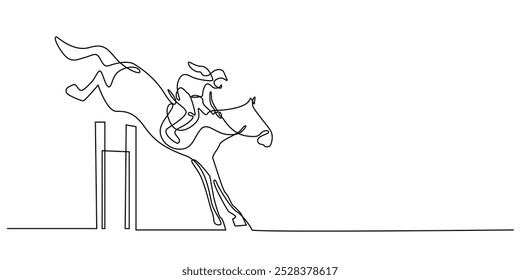 Un dibujo de línea continua de jinete de caballo pasando por obstáculos. Un dibujo de línea de carreras de caballos Sport. Ilustración vectorial de una sola línea. Fondo blanco aislado
