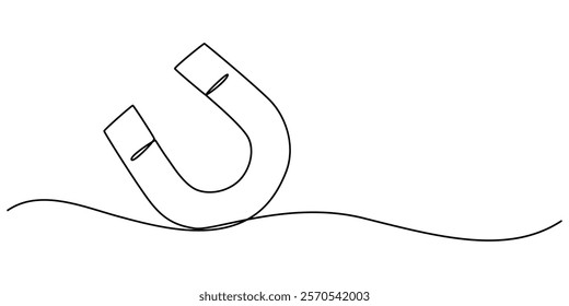 One continuous line drawing horseshoe Magnet drawing, Horse shoe magnet cartoon isolated on white, Magnet Doodle, Magnet Icon,  Client and talent attraction concept in simple linear style. Symbol. 