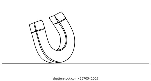 One continuous line drawing horseshoe Magnet drawing, Horse shoe magnet cartoon isolated on white, Magnet Doodle, Magnet Icon,  Client and talent attraction concept in simple linear style. Symbol. 