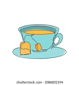 One continuous line drawing hot fresh glass cup of tea for tea shop logo emblem. Tea with teabag and drink coaster logotype template concept. Modern single line draw design graphic vector illustration