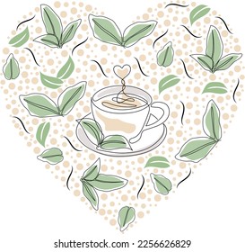 One continuous line drawing of hot cup of tea and leaves in heart shape. Tea card design. Vector illustration.