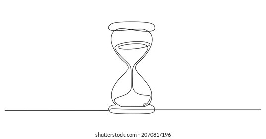 One continuous line drawing of hourglass with flow sand. Retro timer as time passing concept for countdown and business deadline in simple linear style isolated on white. Doodle vector illustration