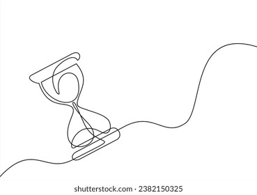 One continuous line drawing of hourglass with flow sand. Retro timer as time passing concept for countdown and business deadline in simple linear style isolated on white. Doodle vector illustration
