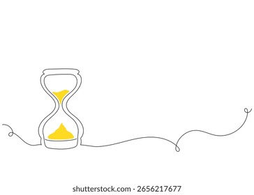 Un dibujo de línea continua de un reloj de arena con arena que fluye. Temporizador retro minimalista que simboliza el paso del tiempo, los plazos comerciales y la urgencia. Ilustración vectorial de estilo doodle lineal simple